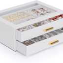 AKOZLIN Jewelry Box with Clear Lid Functional Leather Jewelry Storage Organizer Case 2 Drawers for Women Girls Necklace Ring Bracelet Earring (White-White)