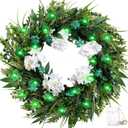 22" st Patricks Day Wreaths for Front Door, Green Shamrock & White Hydrangea Artificial Wreaths with LED Lights, Spring Holiday Wreath for Wall Window Porch Home Decor