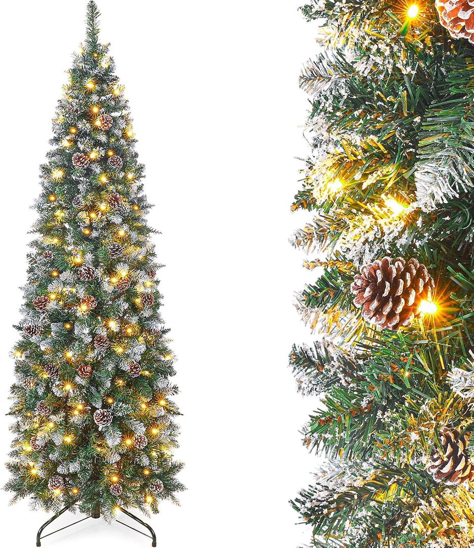 Homde Pencil Christmas Tree 6 Foot Pre-Lit Artificial Christmas Tree with Flocked Snow Pine Cone 160 Warm White Lights Holiday Decor (5ft 11in)