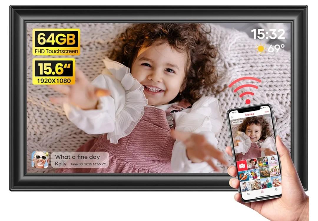 64GB 15.6" Frameo Digital Picture Frame WiFi, Large Electronic Photo Frames 1920 x 1080 IPS FHD Touch Screen, Send Photos from Your Phone from Anywhere, Best Gifts for Parents and Grandparents