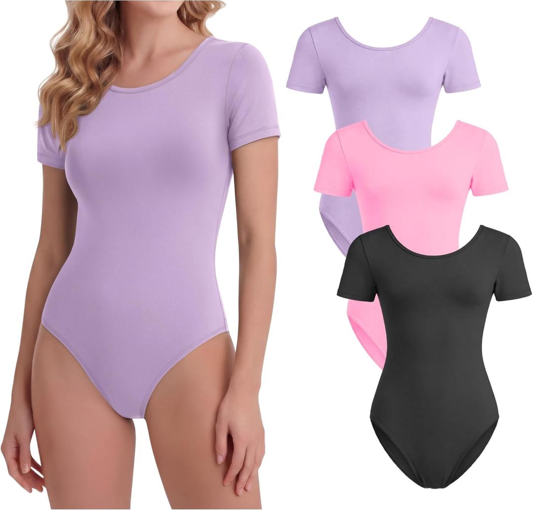 3 Pack Women's Short Sleeve Dance Leotards Crew Neck Loose Ballet Costumes Classic Basic Tops Adult Bodysuits (M)