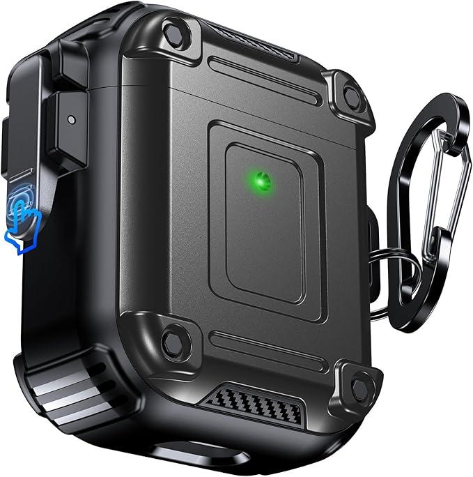 Chicfun Armour Lock for AirPods 1st/2nd Generation Case with Secure Lock & Keychain, Compatible with MagSafe [360° Heavy Duty Protective] AirPods 1st/2nd Case Hard Protective Locking Cover Grey