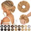 S-noilite Messy Bun Hairpiece Real Human Hair for Women Curly Wavy Tousled Updo Scrunchie Realistic Natural Messy Bun Hair Piece Highlighted Golden Brown Mixed Bleach Blonde