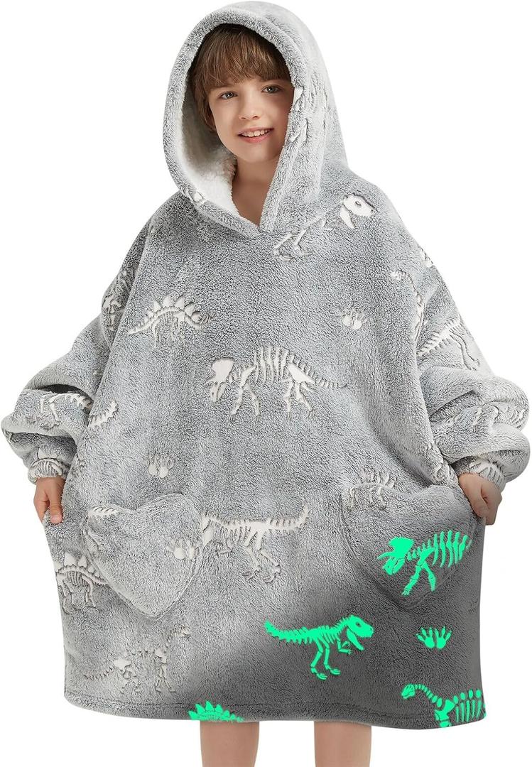 Wearable Blanket Hoodie for Kids Oversized Sherpa Blanket Hoodie for Kids Boys Girls Teens 6-13YR,Glow in The Dark Dinosaur Fossil