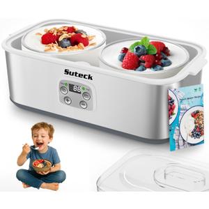 Suteck Yogurt Maker with Glass Jar- Stainless Steel Yogurt Machine with Adjustable Time & Temp Control, Homemade Greek, Probiotic Yogurt, BPA-Free 2 Yogurt Bowls (2 Quart)