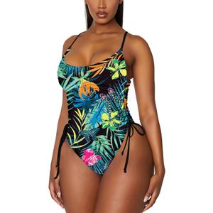 Viottiset Women's Ruched High Cut One Piece Swimsuit Tummy Control Bathing Suit Monokini (Large, Dark Green Plant Printed)