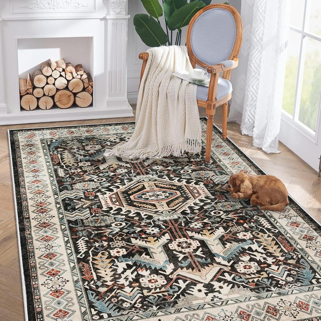 Washable Living Room Area Rug - 5'x7 'Large Bedroom Rug Distressed Oriental Non-Slip Non-Shedding Print Floor Carpet for Dining Room Kitchen (Black, 5 x 7)