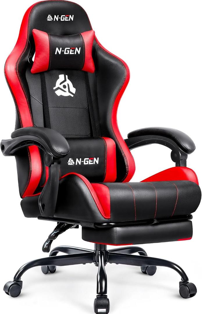 N-GEN GAMING Video Gaming Chair with Footrest Lumbar Support for Home Office High Back Recliner Height Adjustable Ergonomic Comfy Leather Computer Desk Chair (Red), 27.5 inches x 24.5 inches x 50 inches