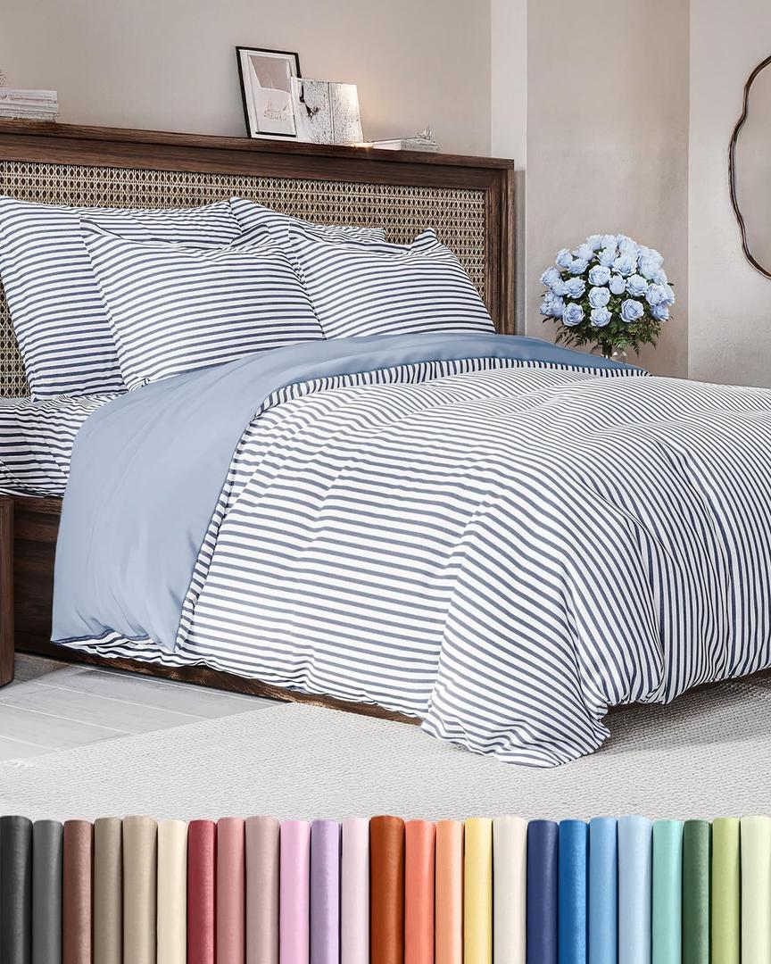 Duvet Cover Full Size - Extra Soft Full Size Duvet Cover - Lightweight & Breathable - Easy Care & Fade Free with Zipper Closures & Ties - 80" x 90" Inches - (Blue Stripes 2) Comforter Not Included