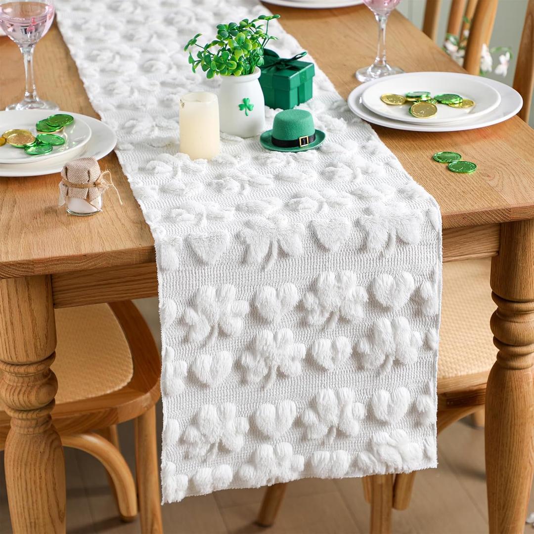 St. Patrick's Day Table Runner 13 x 72 Inch Shamrock Heart Irish Soft Faux Fur Plush Jacquard Lucky Clover Table Runner for Spring Seasonal Kitchen Dining Party Decoration Cream White
