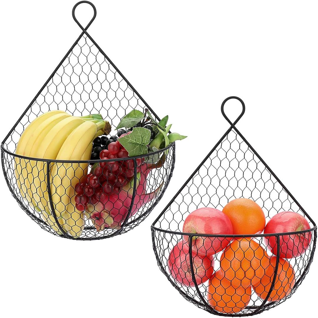 BSTKEY Set of 2,Wall-Mounted Hanging Metal Fruit Vegetable Baskets Hanging Produce Bins for Flowers, Decorations,Veggies,Decorations and More, Black