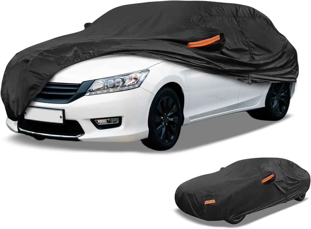 Universal Car Cover Waterproof All Weather 210D-PU, UV Sun Rain Protection, Fits for Sedan Length Up to 177", with Left Side Zipper, Black