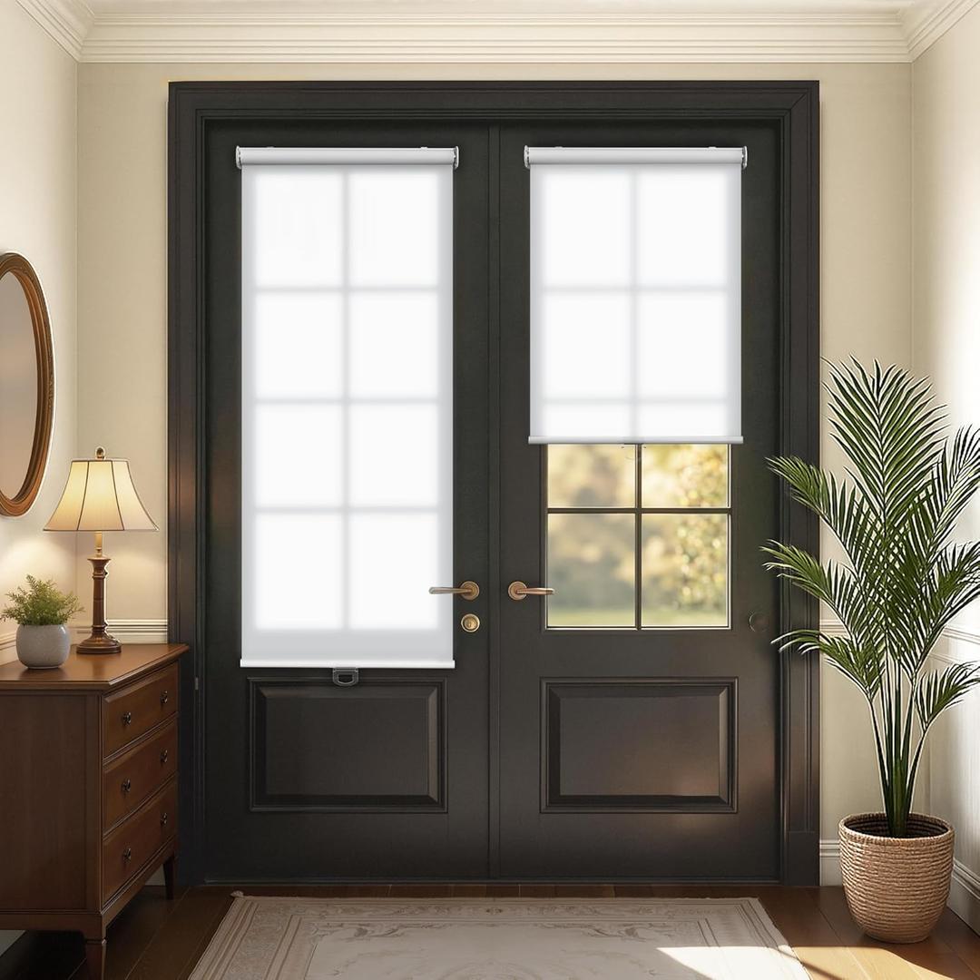 LazBlinds Cordless Roller Shades for French Doors, No Drill French Door Blinds for Privacy, Light Filtering Roll Up Shades for Front Door Sidelight Glass Door Patio, 20 5/8" W x 24" H, White