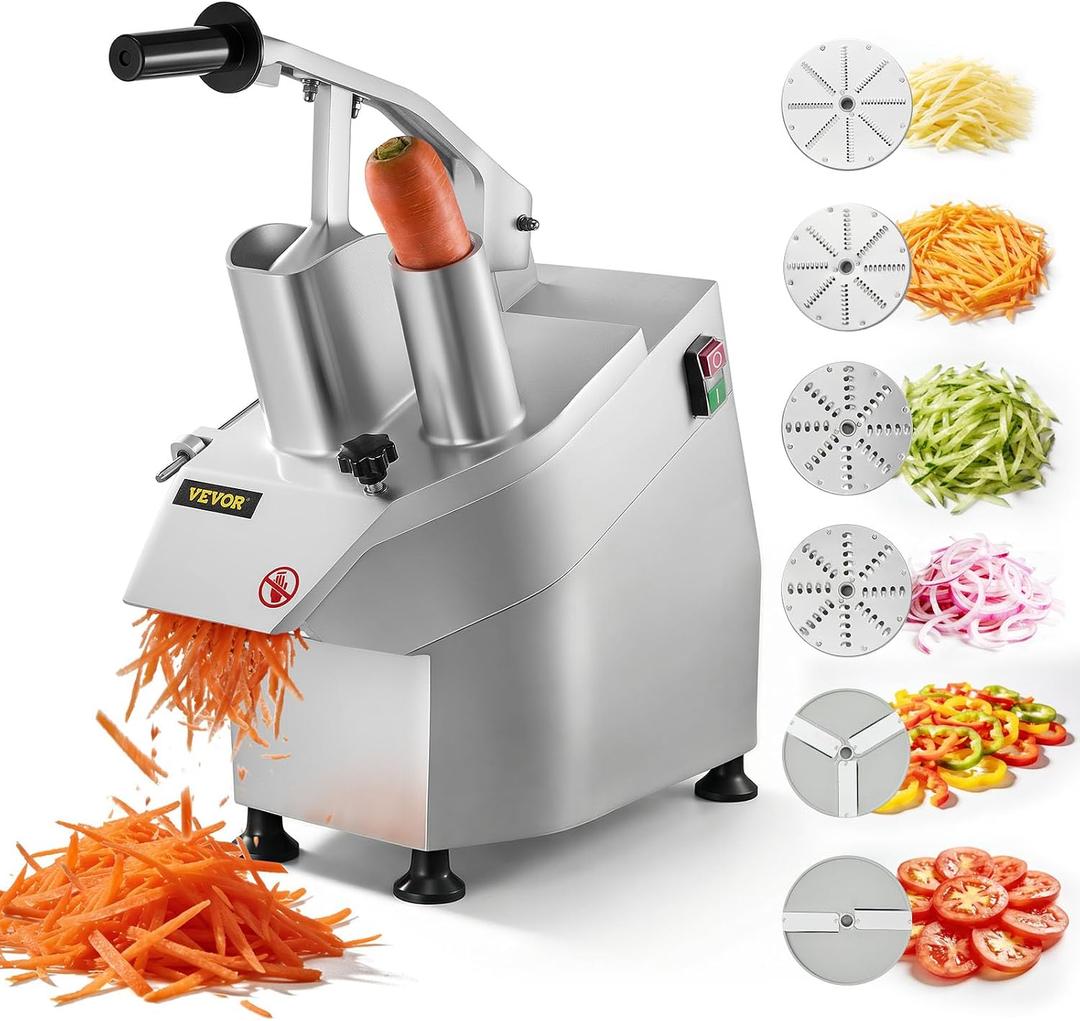 VEVOR Commercial Food Processor 550W Electric Vegetable Slicer 6 Blades
2 Feeding Holes, 1600 RPM Stainless Steel Vegetable Processor, Interchangeable Blade, 3mm/4mm/7mm Shred and 2mm/4mm Slice