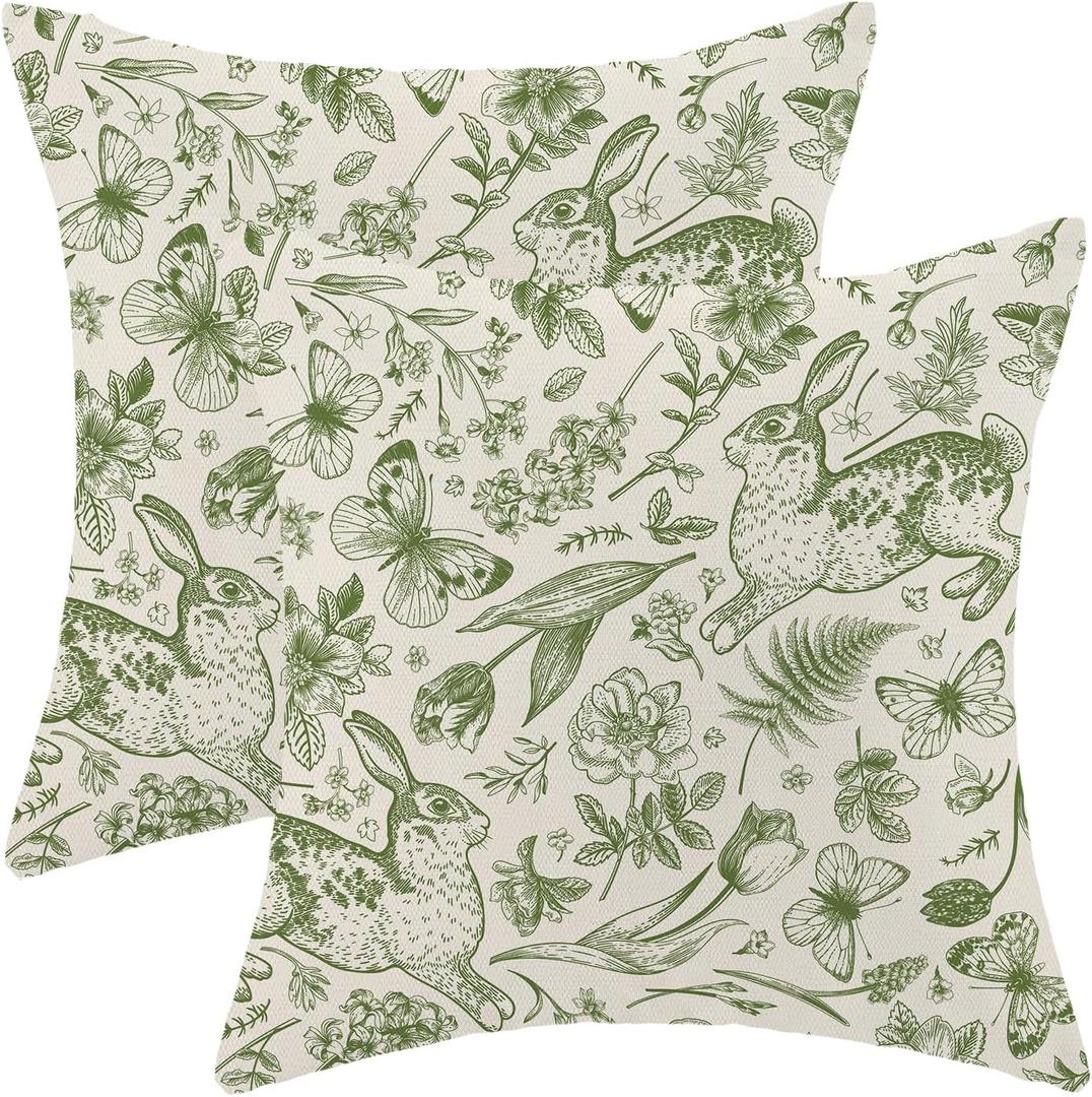CXMEIFLY Easter Pillow Covers 16 x 16 Inch Set of 2 for Sage Green Spring Wild Flower Bunny Decor Throw Pillows Rabbit Floral Plant Outdoor Farmhouse Decorative Cushion Cases for Couch Bed Decoration