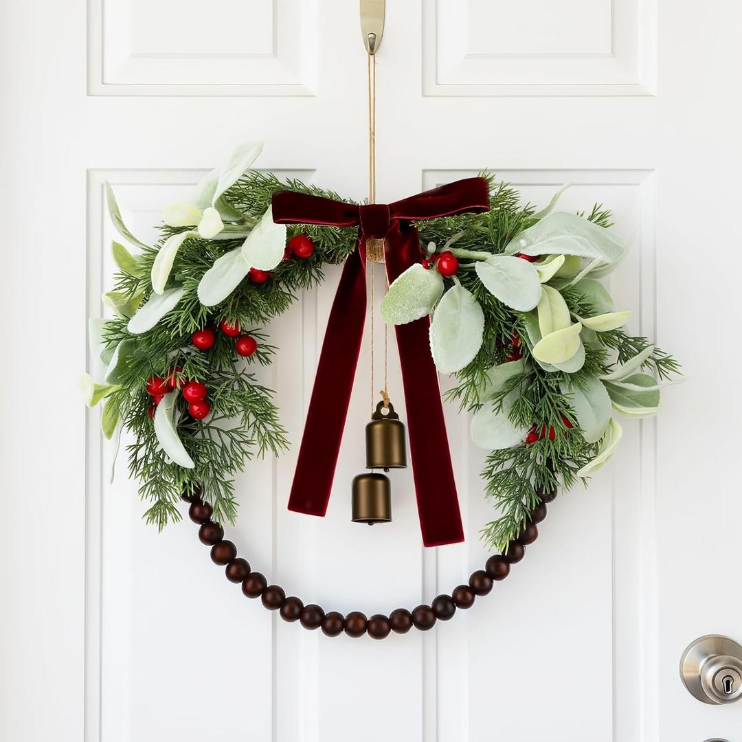 12 Inch Olive Norfolk Pine Christmas Wreath with Wooden Bead Bell Christmas Kitchen Cabinet Wreath for Front Door Farmhouse Rustic Xmas Artificial Door(Red,Rustic)