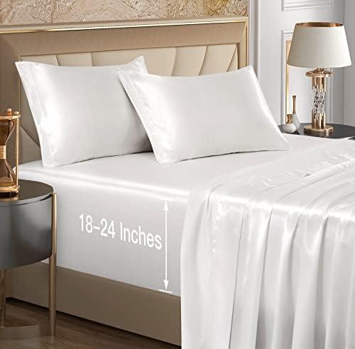 VACVELT 4pcs Extra Deep Pocket Satin Sheets Queen Size Bed Set, Ivory White Satin Sheet Set Fit 18-24 Inch Deep Pocket Mattress, Silky & Luxury Satin Bedding Set Soft & Ultra Deep Fitted Sheet Set
