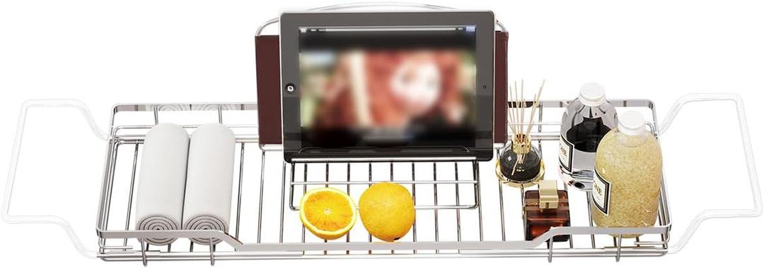 Adjustable Tub Rack, 304 Stainless Steel Bathroom Tray, Multi-Function Tub Organizer with Adjustable Reading Rack, for Tablet or Cell Phone