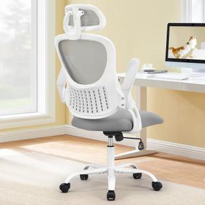 Sweetcrispy Office Computer Desk Chair, Ergonomic High-Back Mesh Rolling Work Chairs with Wheels and Adjustable Headrests, Comfortable Lumbar Support, Comfy Flip-up Arms for Home, Bedroom, Light Grey