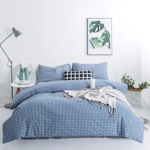 SUSYBAO Royal Blue Gingham Duvet Cover Queen 100% Washed Cotton 3 Pieces Set 1 Blue Plaid Duvet Cover with Zipper Ties 2 Pillowcases Soft Blue Grid Farmhouse Bedding Set