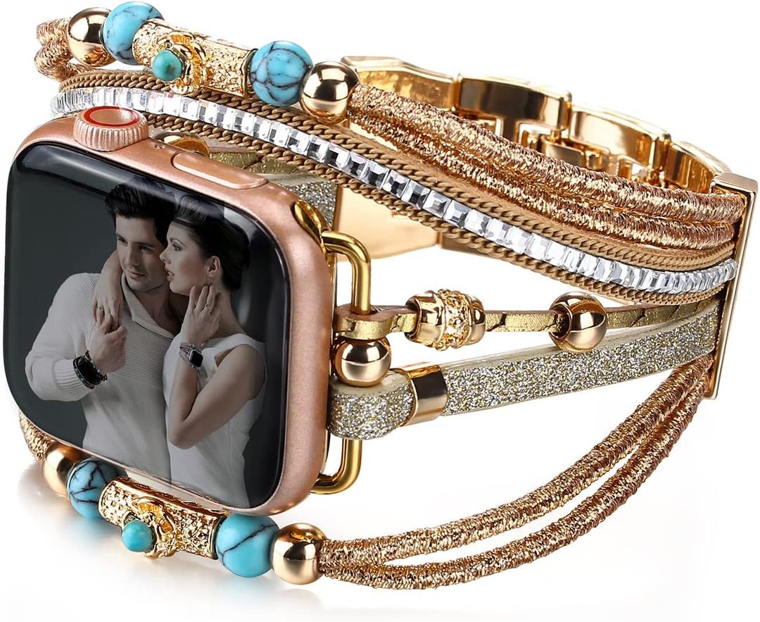 Boho Leather Bracelet Compatible with Apple Watch Bands for Women Men 38mm 40mm 41mm 42mm 44mm 45mm 46mm 49mm - Multilayer Wrap Dressy Apple Watch Strap for Cute Iwatch Band Series 11 10 9 8 7 6 5 4 SE 3 Ultra 3 2 1