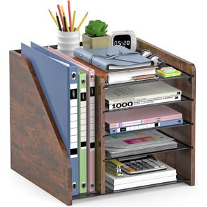 Desktop Storage with File Rack, 5-Layer Paper Letter Tray Storage, mesh Desktop Storage, and Storage Device with Office Supplies and Magazine Rack-Wood Grain
