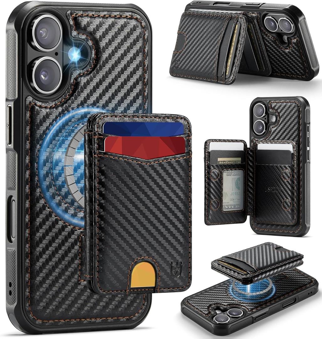 for iPhone 17 Wallet Case Compatible with Magsafe, Magnetic RFID Blocking Card Holder Kickstand 2 in 1 Detachable Case for iPhone 17 6.3", Carbon Black