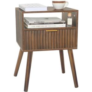 Fultyle Walnut Nightstand, Wooden Bedside Table with Fluted Drawers and Open Shelf, Night Stand Wood for Bedroom, Dorm and Small Space (Rustic Brown)