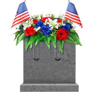Memorial Day Decorations for Cemetery, Red White Blue Artificial Grave Headstone Flower Saddle with American Flags for Patriotic 250th Anniversary 4th of July Tombstone Outdoor Decor