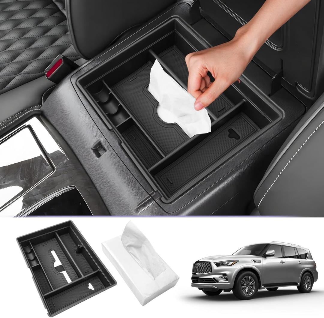 LUWU 2025 Infiniti Accessories Center Console Organizer Compatible with 2022 2023 2024 2025 INFINITI QX80 Luxe/Premium Select/Sensory Console Organizer Tray Armrest Storage w/Tissue Box