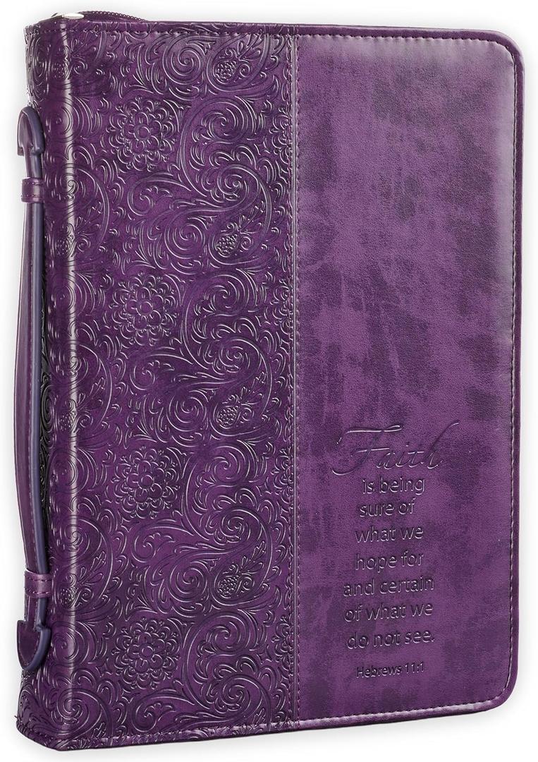 Christian Art Gifts Women's Fashion Bible Cover Faith Hebrews 11:1, Purple Paisley Faux Leather, Large