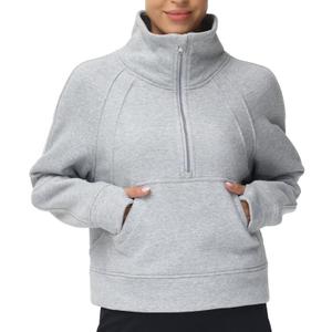 THE GYM PEOPLE Womens' Half Zip Pullover Fleece Stand Collar Crop Sweatshirt with Pockets Thumb Hole (Large, Grey)