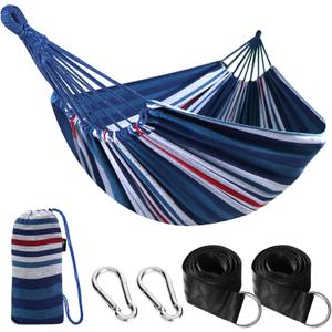 ANYOO Cotton Hammock Portable Camping Hammocks for Hanging Sturdy Garden Comfortable Fabric Hammock with Tree Straps Up to 660lbs with Travel Bag for Camping Outdoor/Indoor Patio Backyard (Blue/White/Red Stripe)