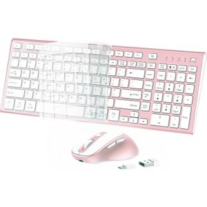 FENIFOX Wireless Keyboard and Mouse, Ergonomic Rechargeable Silent Quiet Slim Compact Full-Size USB C with Number Pad Flat Soft Cover for PC Computer Laptop Mac MacBook iMac Windows - Pink Rose Gold