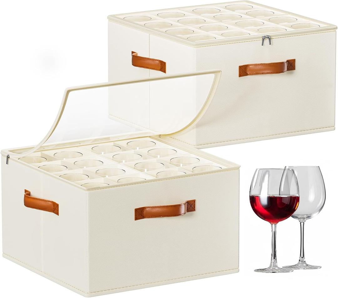 Glass Storage Box with Dividers, 2 Pack Glassware Storage Containers, Stemware Storage Cases Holds 32 Glasses, Stackable Crystal Storage Containers with Clear Cover for MovingBeige
