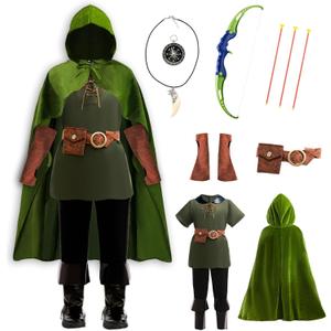 8 Pcs Archer Costume for Kids Boys Medieval Renaissance Hunter Costume with Cape (7-8 Years, Green)