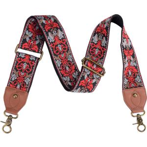 Purse Strap Replacement Crossbody Adjustable Bag Strap Retro Jacquard Embroidery Wide Shoulder Strap for Women Handbags (Red Flower)