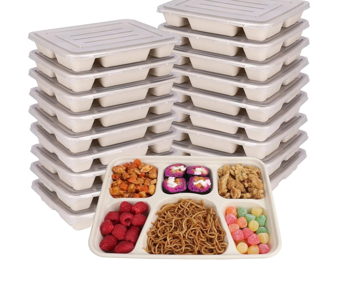 Sugarcane Fiber 40 oz 6 Compartments disposable plates with Lids Bagasse Plant Fibers Freezer Safe 25 Pack