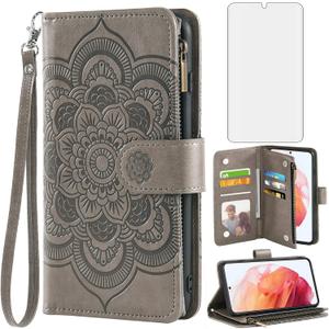 Asuwish Compatible with Samsung Galaxy S21 Glaxay S 21 5G 6.2 inch Wallet Case and Tempered Glass Screen Protector Flower Leather Flip Card Holder Cell Phone Cover for Gaxaly 21S G5 Women Men (Gray)