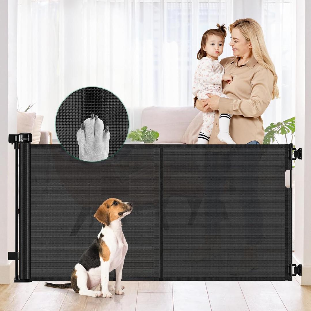 Reinforced 50" Wide Retractable Baby Gate Retractable Dog Gate with Support Rods - Anti-Bottom Crawl, Mesh Gate Retractable Gate Outdoor Retractable Pet Gate Indoor Doorway/Hallway/Stair Gate, Black