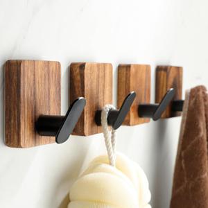 DELITON Towel Hooks for Bathrooms Adhesive, Wood Wall Hooks for Hanging Towels, Robes, Key, No Damage, 4 Pack Utility Hooks for Bathroom and Bedroom (Brown)