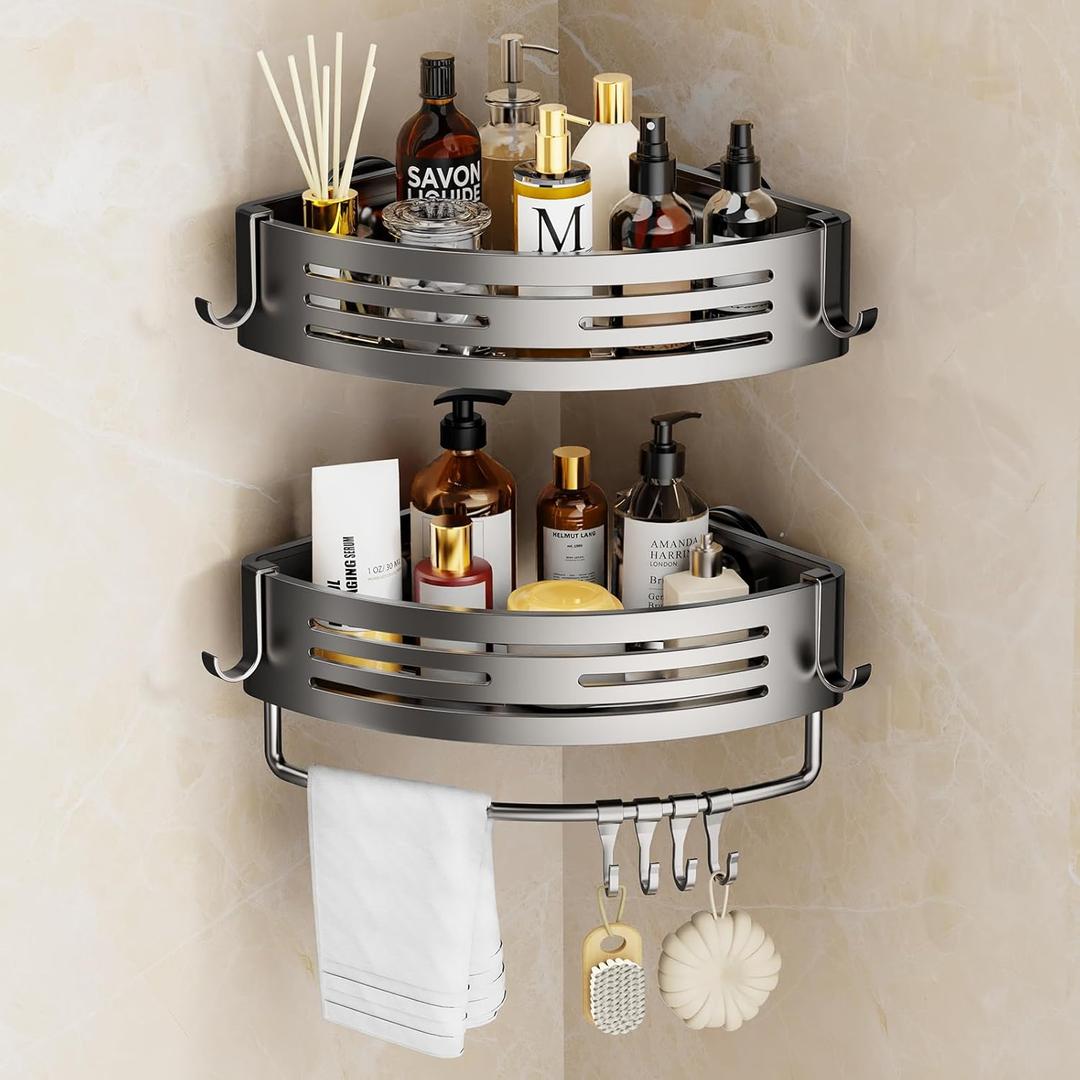 Corner Shower Caddy Suction Cup, 2 Pack Shower Shelves Corner No Drilling, Aluminum Alloy Shower Organizer Suction Cup, Removable Bathroom Storage Rack with Towel Bar & Hooks(Gray)