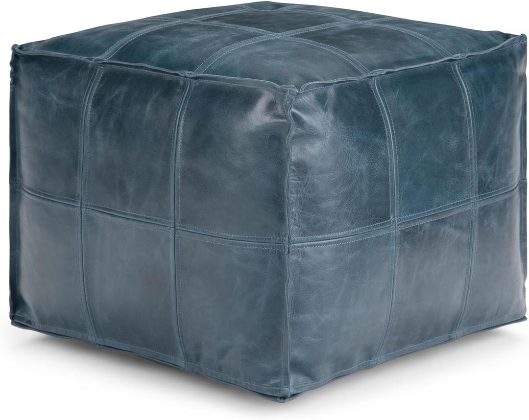 SIMPLIHOME Manning Boho Square Pouf in Teal Genuine Leather for the Living Room, Bedroom and Kids Room