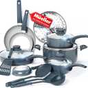 Mueller 16-Piece Nonstick Stone Cookware Set - PFOS/PFOA-Free, Stainless Steamer and Fry Pan, Vented Lids - Light Grey