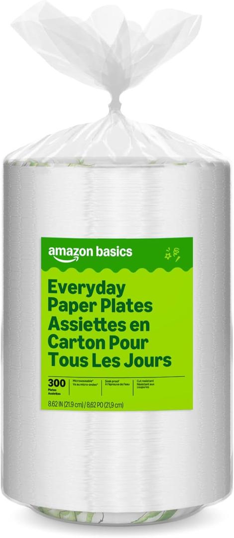 Amazon Basics Everyday Paper Plates, 8.62 Inch, Disposable, 300 Count 
