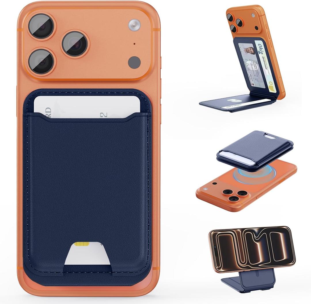 TopMade for Magsafe Wallet, Magnetic Card Holder for iPhone 17/16/15/14/13/12 Series, Leather Strongest Magnetic Phone Wallet Stand Adjustable, 5 Cards Holder, RFID Blocking, ID Window, Navy Blue
