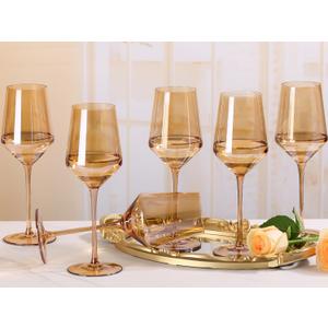 Physkoa Brown/Amber Wine Glasses Set of 6-15oz Hand Blown Crystal Colored Wine Glasses with Long Stem, Wedding, Birthday, Valentine's Day Glassware