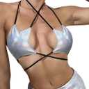 Rave Star Top for Women - EDC Festival Sexy Halter Party Dance Bra Backless Strappy Crisscross Wrap Tie Outfits (Small, Silver Holographic)