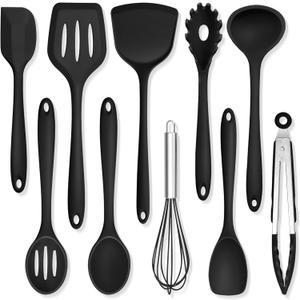 TeamFar Silicone Cooking Utensils, 10 pcs Kitchen Cooking Utensils Set, 446F Heat Resistant Kitchen Gadgets Tools Set w/Spatula, Turners, Spoons, Soup Ladle, Pasta Server for Nonstick Cookware, Black
