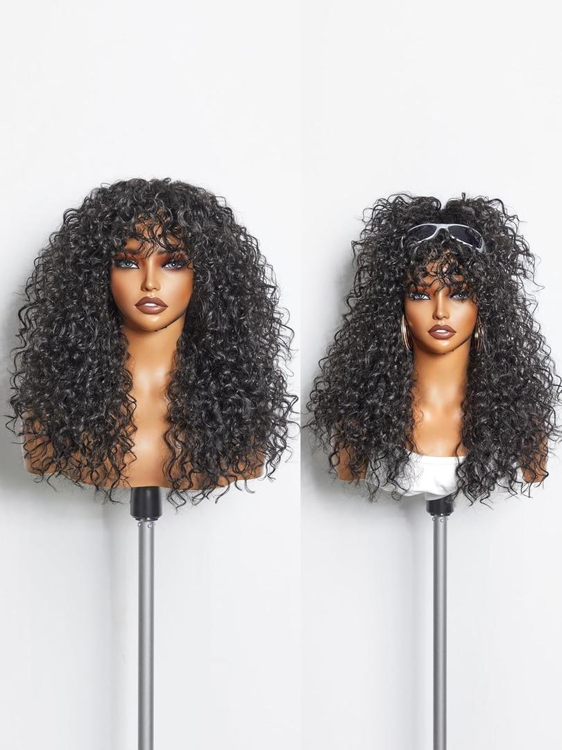 GORGIUS Veralux Blend Human Hair Glueless Curly Wig with Bangs Natural Black Synthetic Curtain Bang with Realistic Scalp Put On and Go 20 Inch